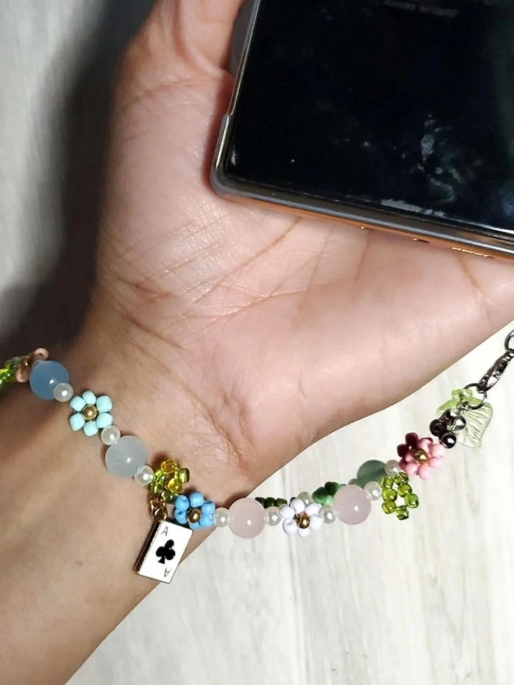 Pastel Beaded Floral Coquette Y2K Phone Charm Wristlet Bracelet
